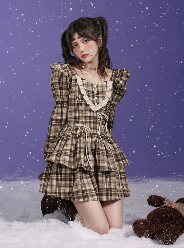 Brown Checkered Bow Small Flying Sleeve Dress