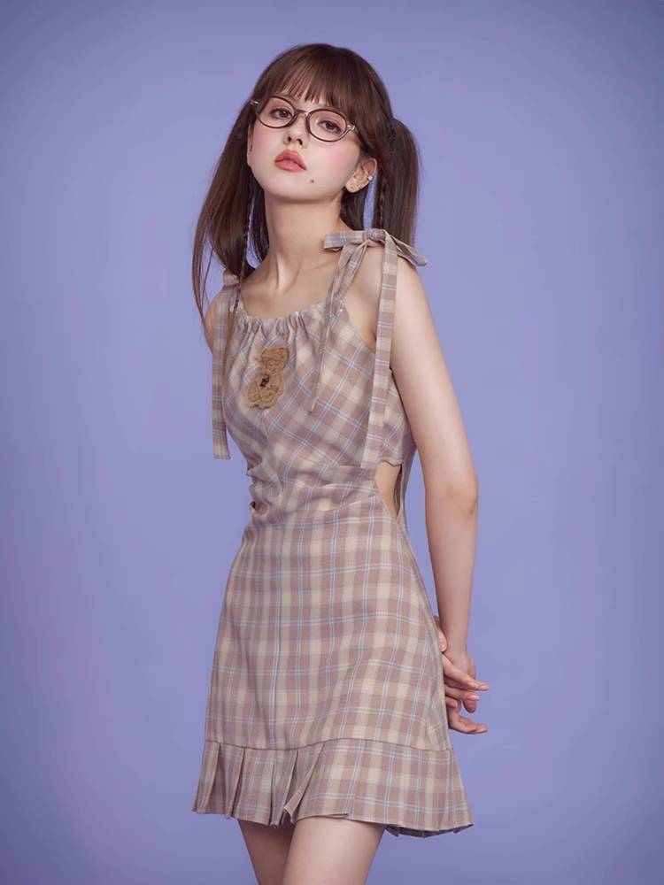 Plaid waist slim dress