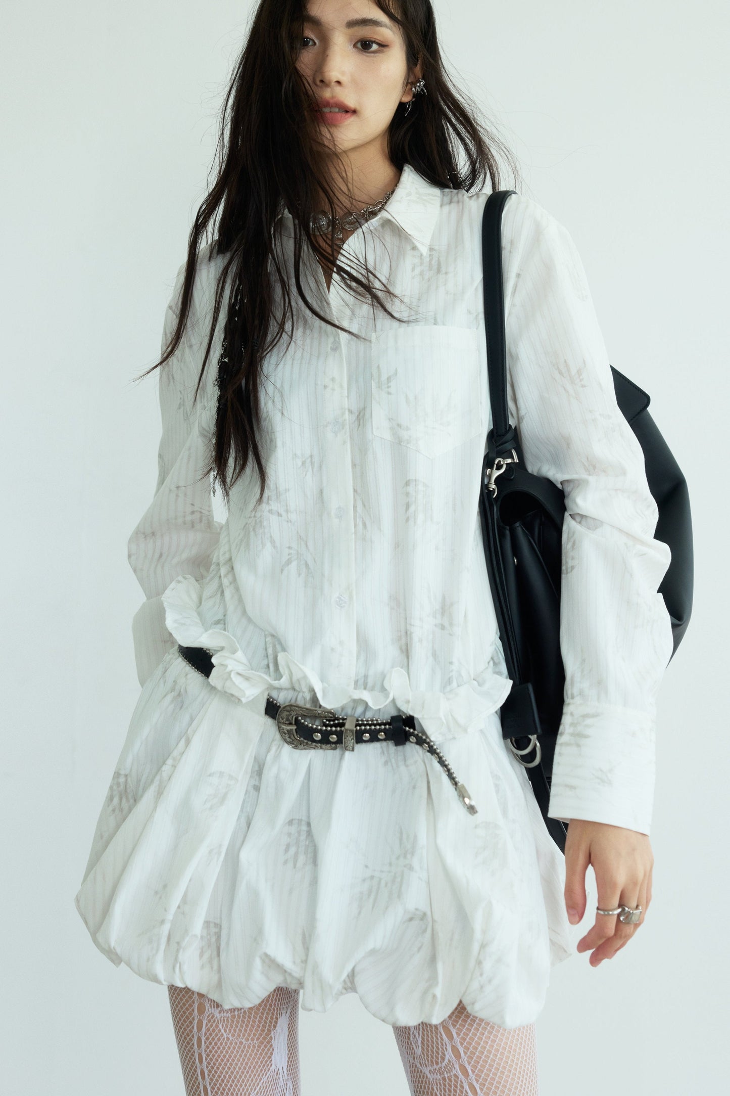 Chinese Print Pleated Shirt Dress