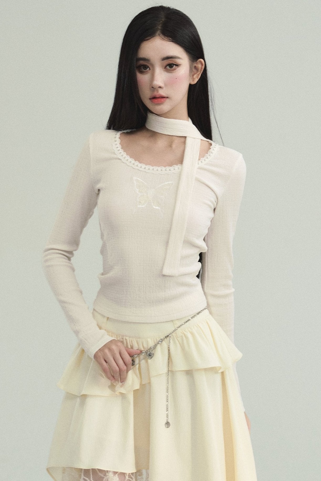 White Butterfly Embroidered Skirt Set-Up