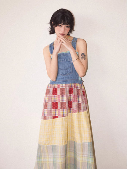 Denim patchwork suspender dress