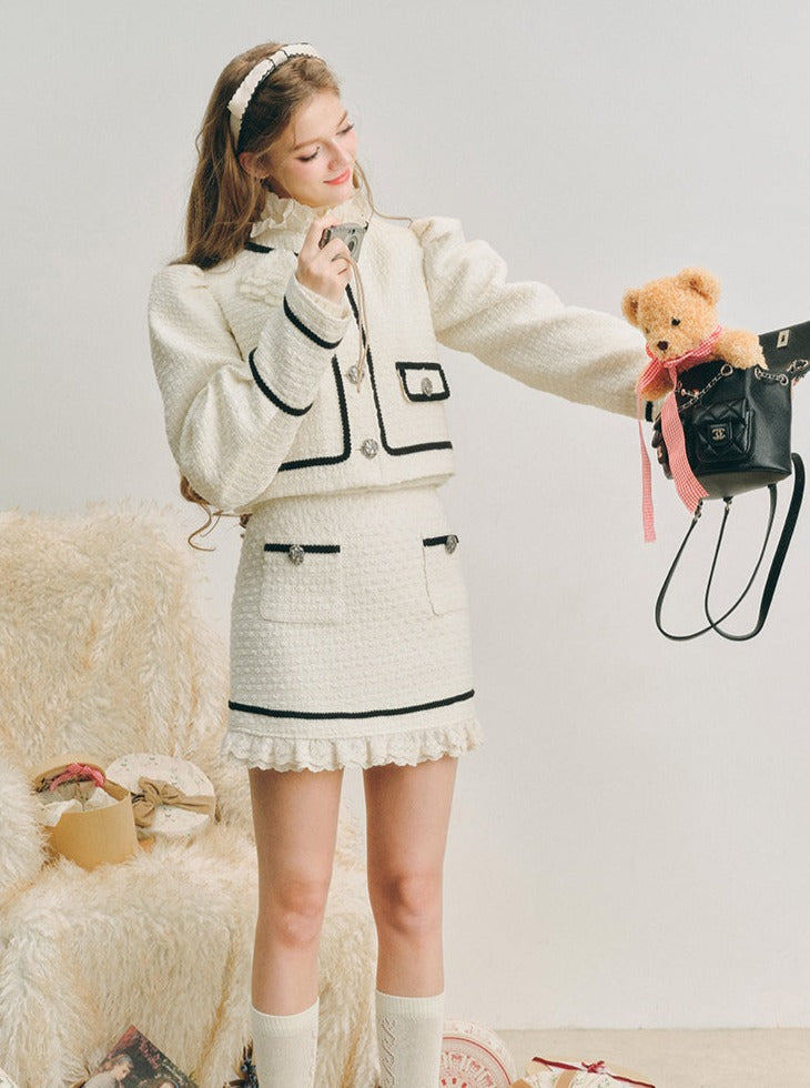 Wool puff sleeve jacket skirt set