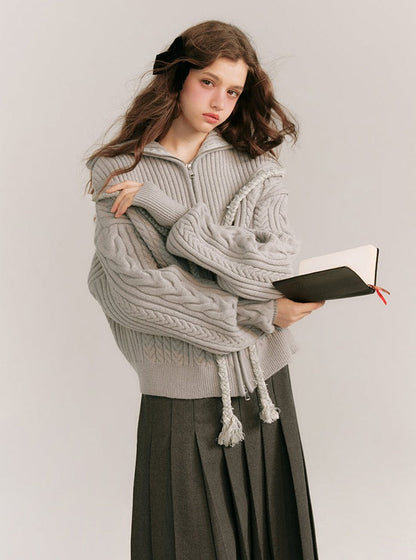 Knitted Lapel Zipper Cardigan Coat