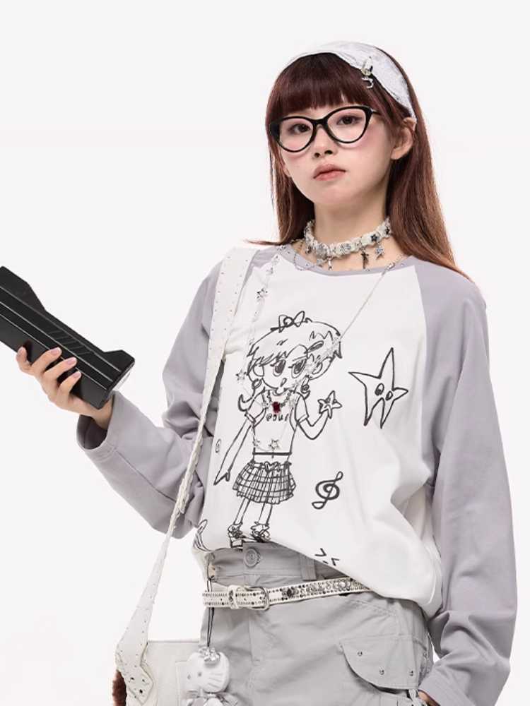 Hand-drawn girly print long-sleeved T-shirt