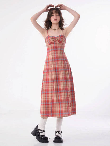 Retro plaid suspender dress