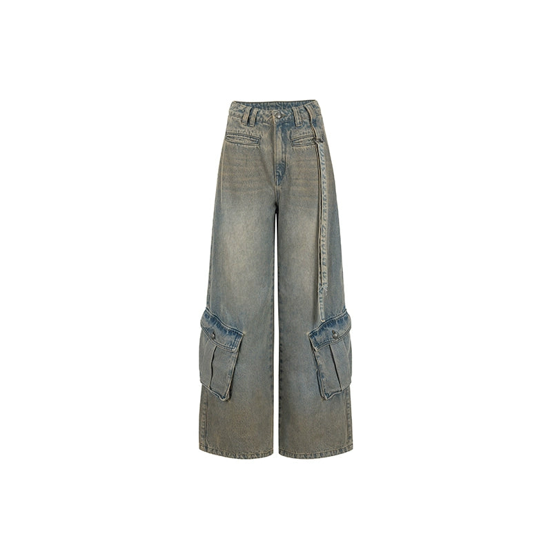 Heavy-Washed Wide-Leg Cargo Jeans