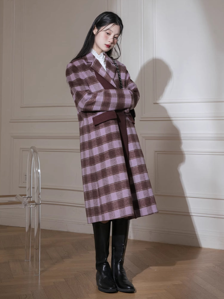 Rose plaid wool long jacket