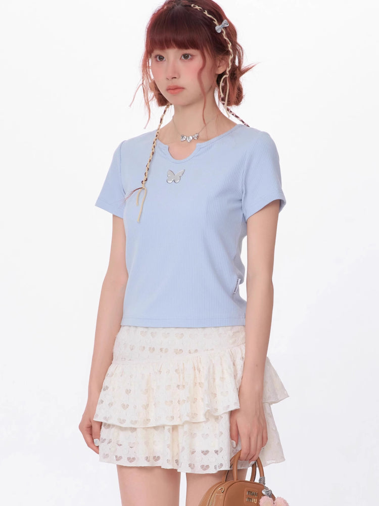 U-neck butterfly short sleeve T-shirt