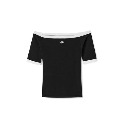 Off-Shoulder Contrast Knit Top