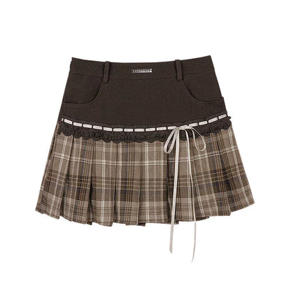 Brown Checkered Ribbon Pleated Skirt