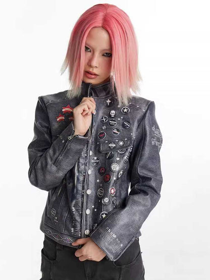 Retro distressed punk leather jacket