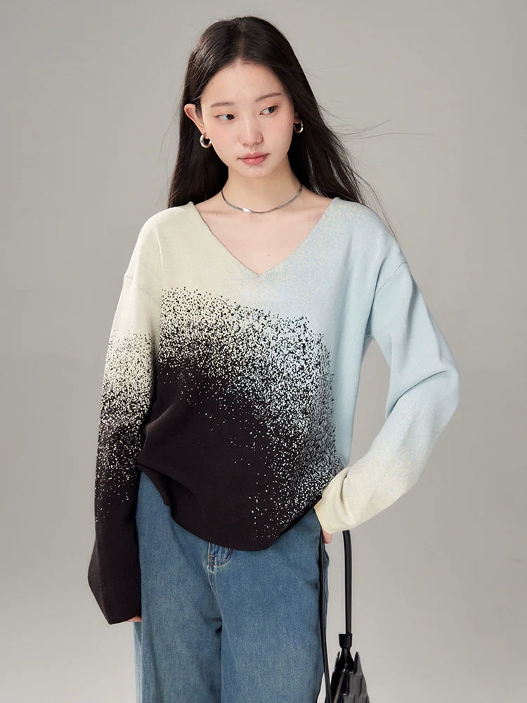 Gradient V-Neck Sweater Knitted Tops Skirt Set