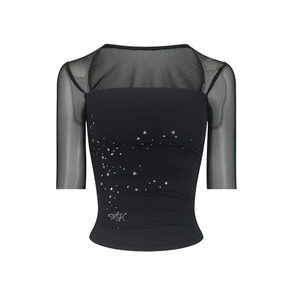 Mesh Splicing Rhinestone Top
