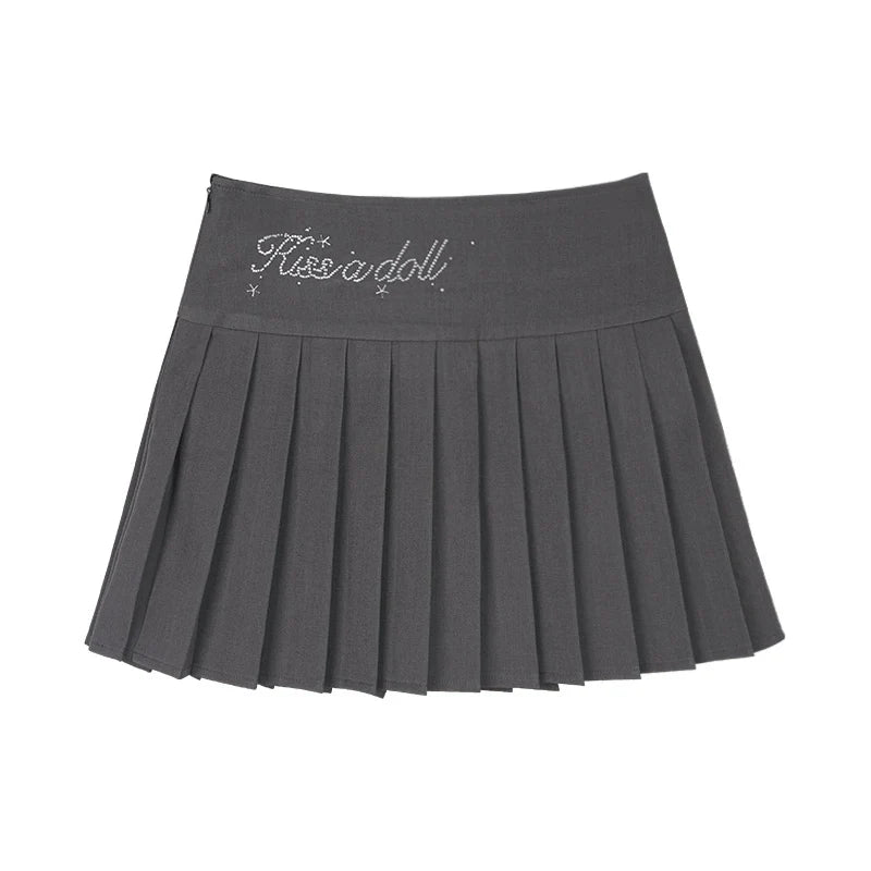 High Waist Rhinestone Pleated Skirt