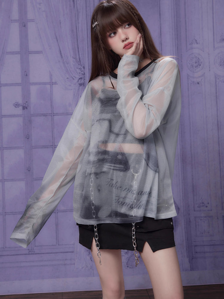 Printed mesh long sleeve T-shirt