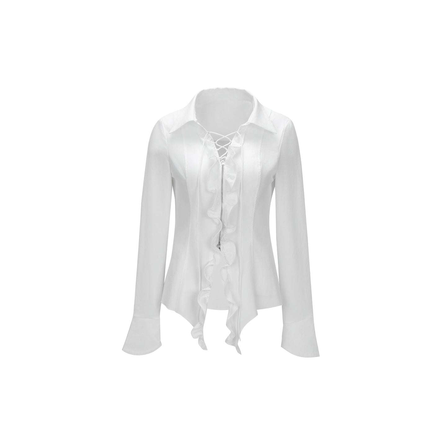 Slim Fit Ruffle Lace-Up Zip Shirt