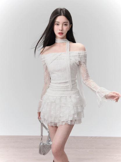 Moonlight lace knitted one-shoulder top set