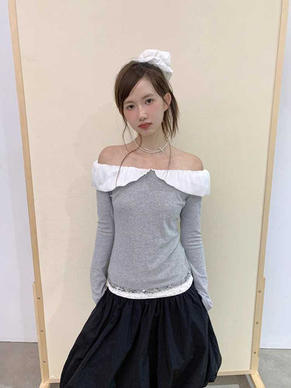 Sweet one-shoulder long-sleeve T-shirt