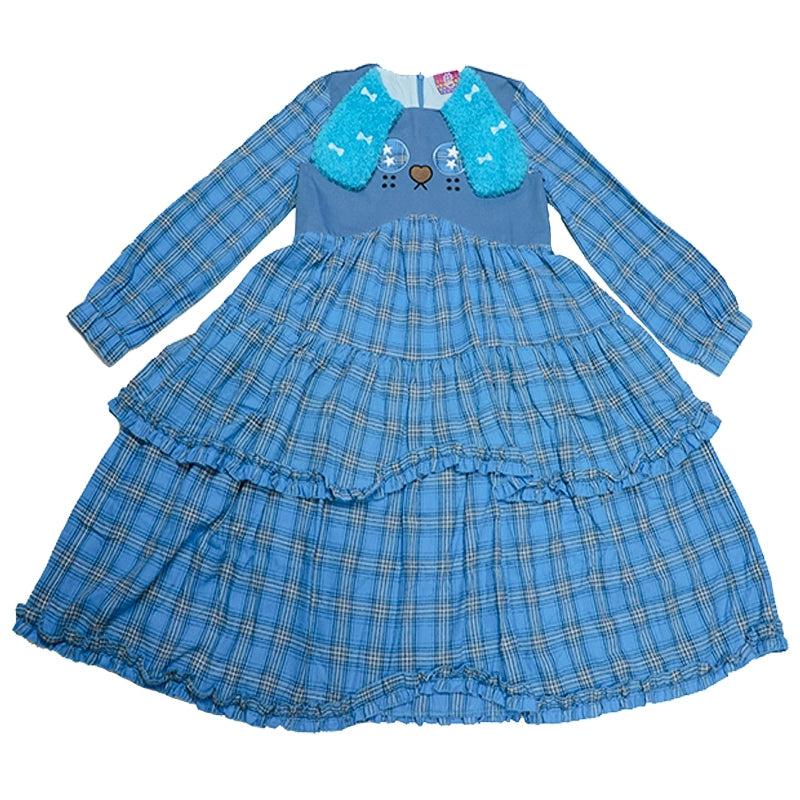 Blue Plaid Long-Sleeved Dog-Print Dress