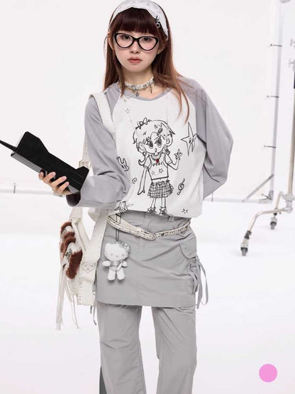 Hand-drawn girly print long-sleeved T-shirt