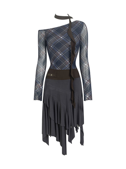 Plaid Patchwork One-Shoulder Dress