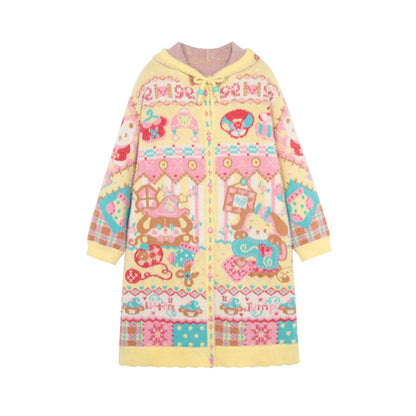 Gelber Kunstpelz-Kapuzenpullover-Strickjacke