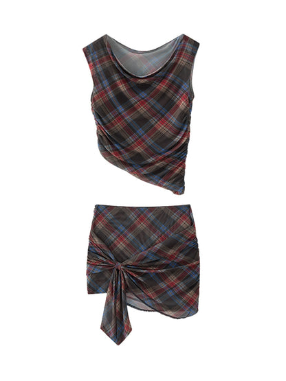 Retro Plaid Mesh Shoulder Wrap Skirt Set-Up