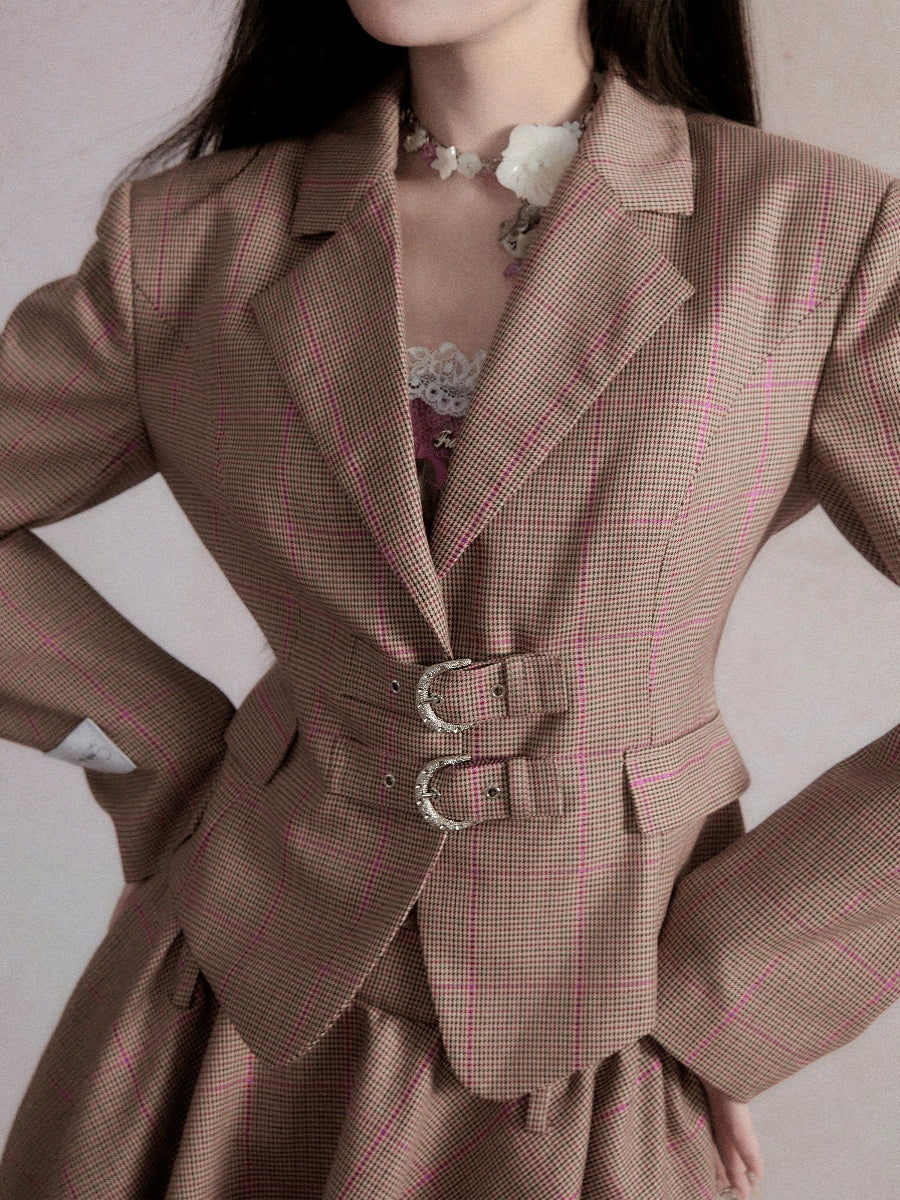 Retro Waist Blazer Plaid Suit Skirt Set