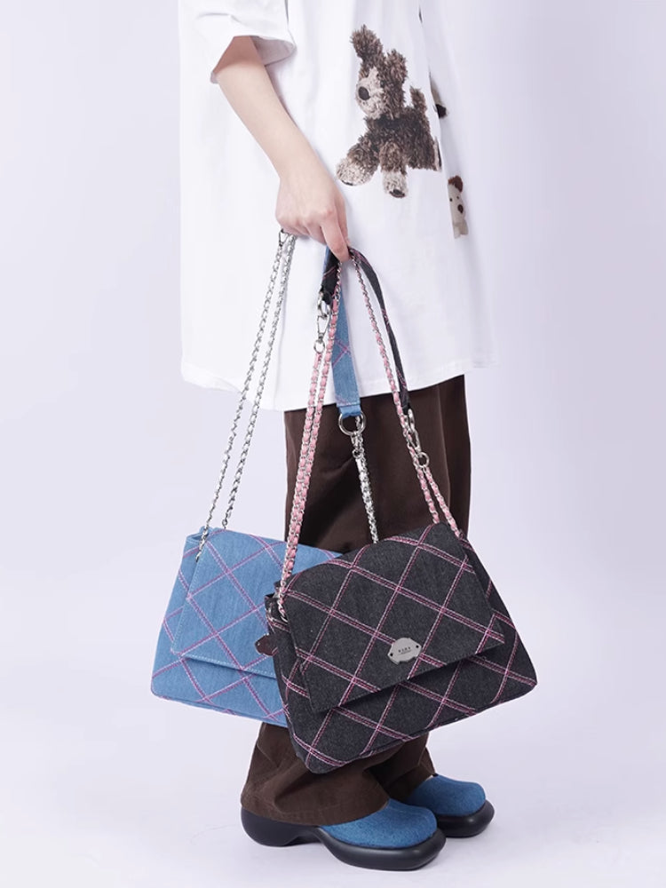 Denim plaid shoulder bag