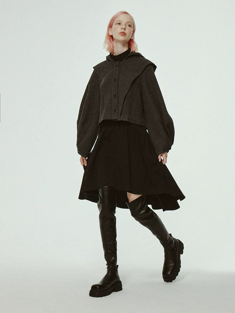 Hooded Cropped Pleated Balloon Sleeve Jacket