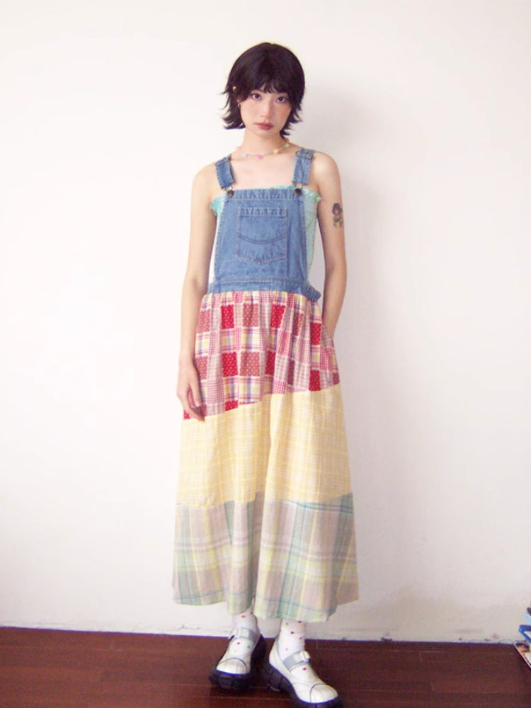 Denim patchwork suspender dress