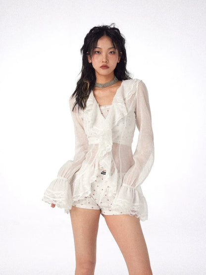 Long sleeve ruffle see-through slim shirt