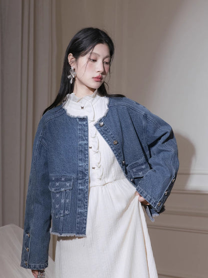 Denim jacket + suspenders skirt