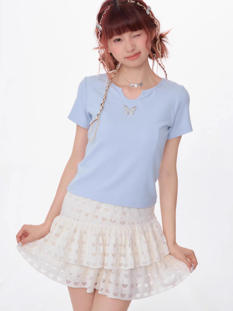 U-neck butterfly short sleeve T-shirt