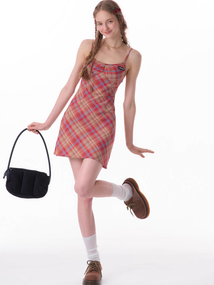 Retro plaid suspender dress