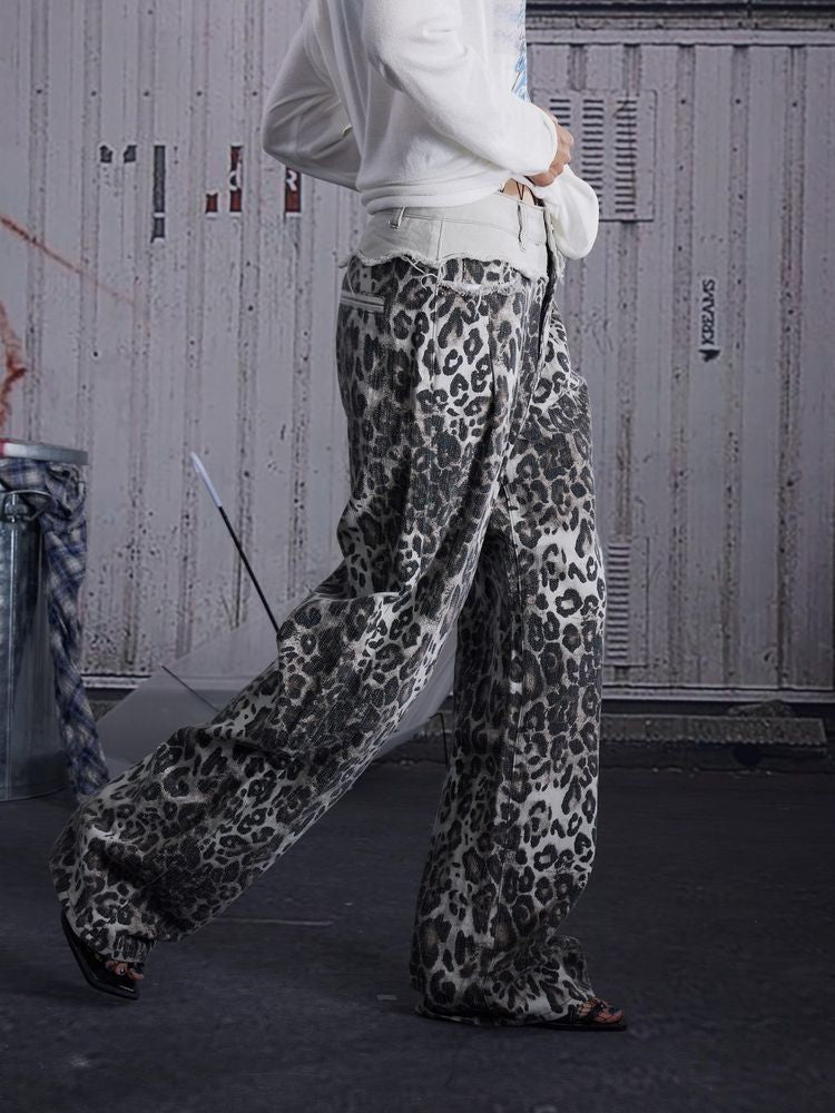 Retro leopard print straight pants