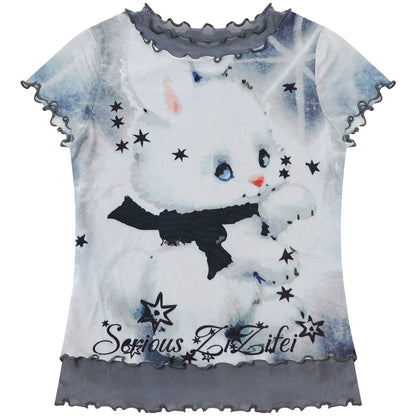 Mesh Plaid Cat Print Top