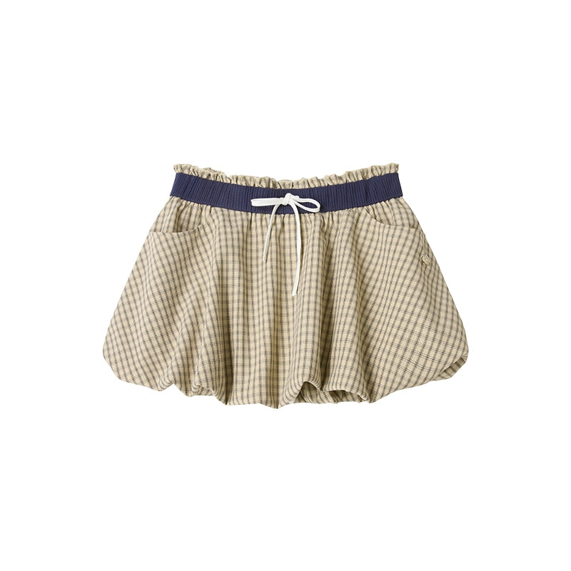 Vintage Khaki Plaid Elastic Skirt