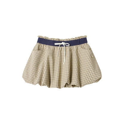 Vintage Khaki Plaid Elastic Skirt