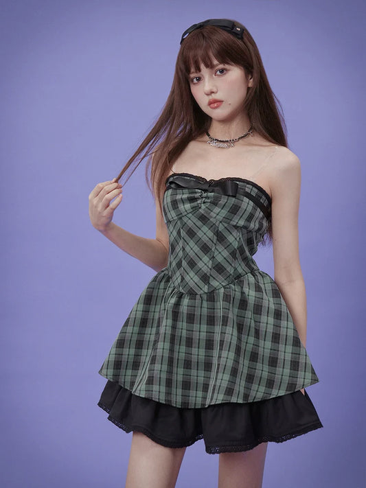 Plaid ribbon tube top dress