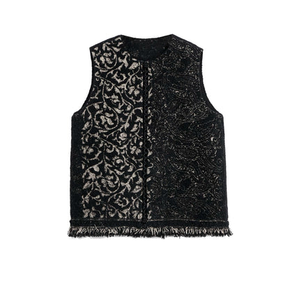 Schwarze Woll-Vintage-Jacquard-Weste Jacke