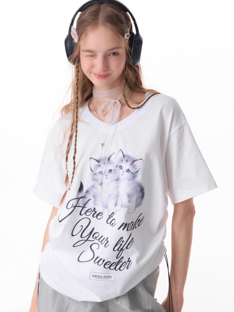 Cat print V-neck short sleeve T-shirt