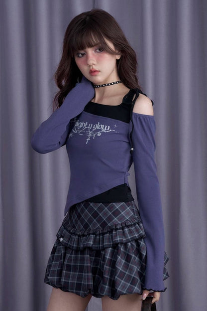 Black Purple Slim Fit Off-Shoulder T-Shirt