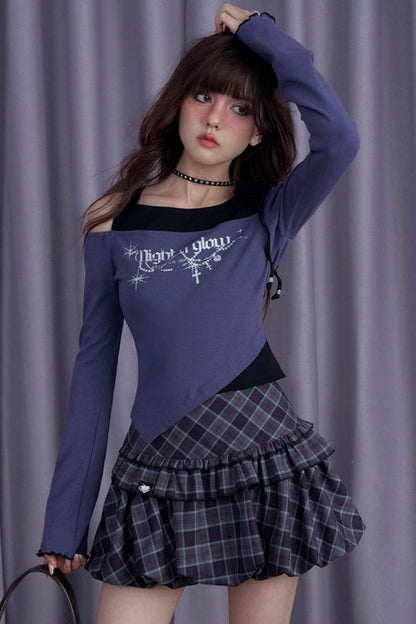 Black Purple Slim Fit Off-Shoulder T-Shirt