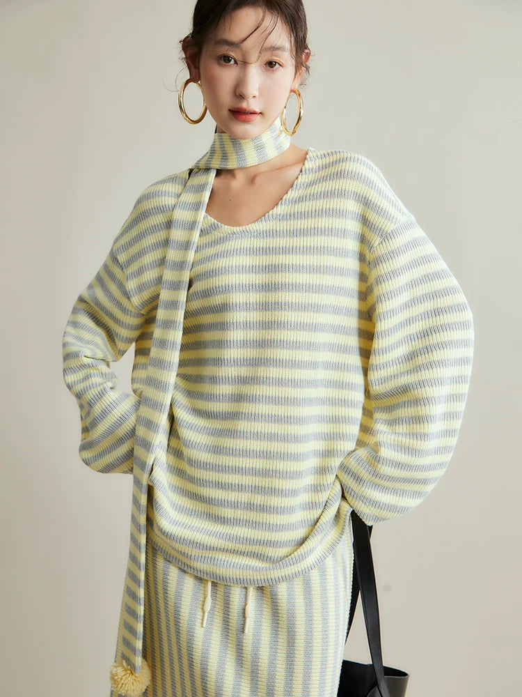 Contrast stripe scarf pullover knit top skirt set