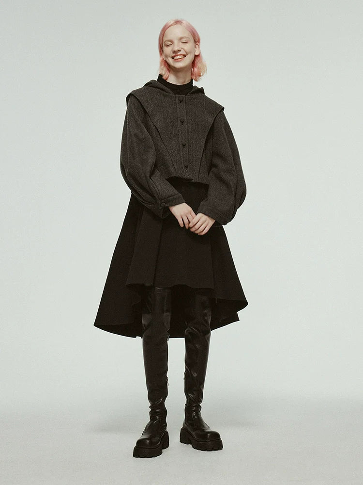 Hooded Cropped Pleated Balloon Sleeve Jacket