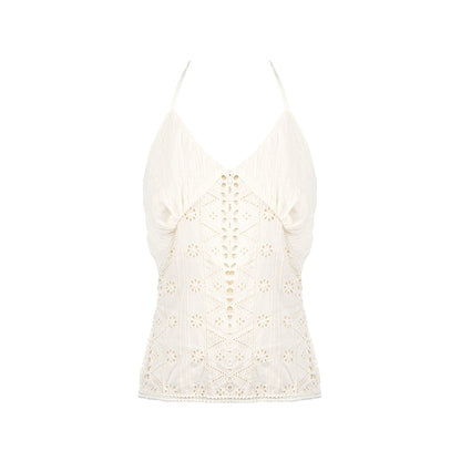 Romantic White Embroidered Halterneck Top