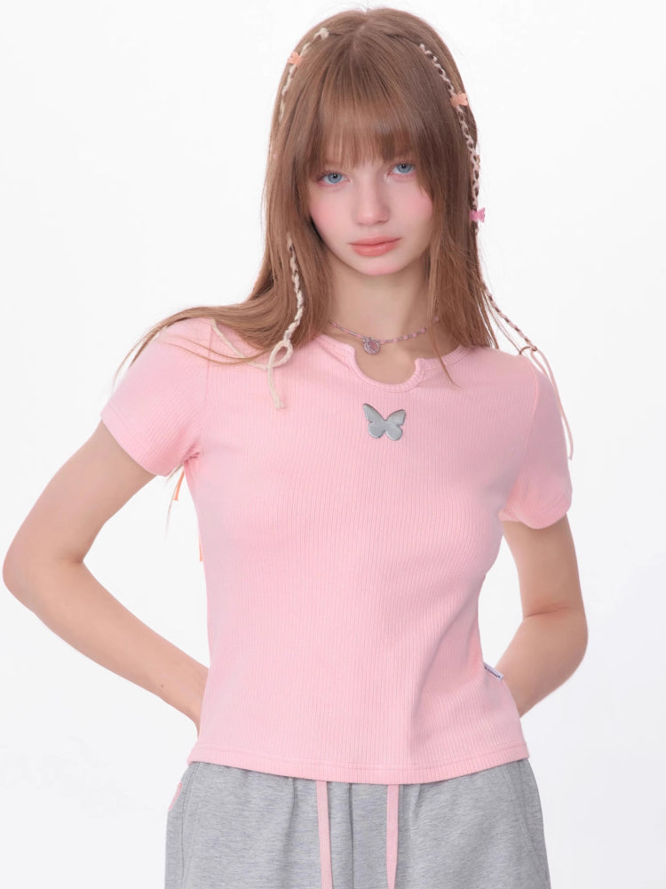 U-neck butterfly short sleeve T-shirt