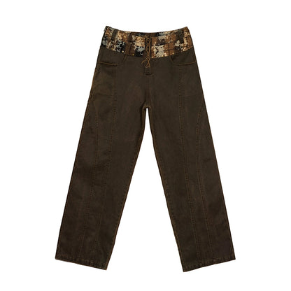 Washed Leather Panel Straight Pants