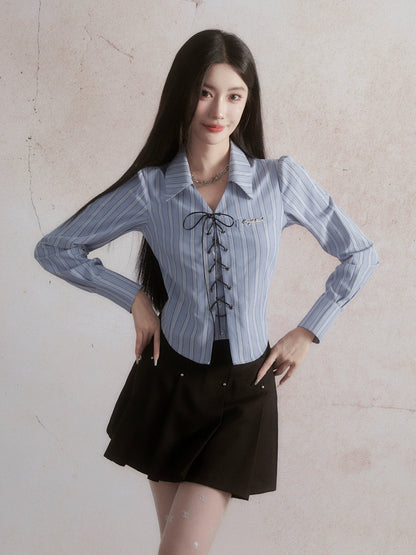 Salt-based striped casual lace-up shirt